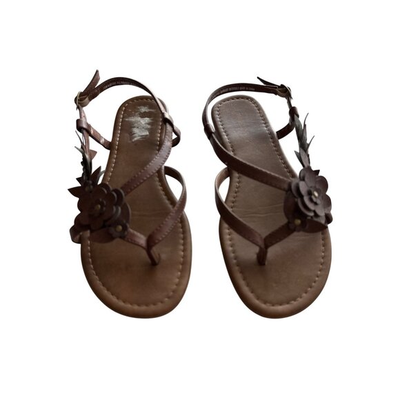 Madeleine Stuart Brown Flat Sandal Floral Embellished Thong Ankle Strap Size 7.5 - Picture 2 of 7